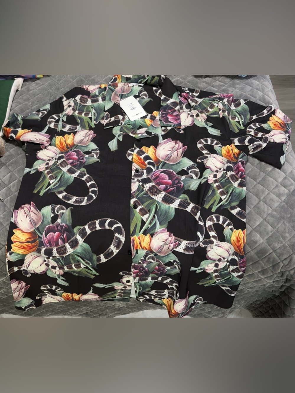Floral Snake Print Button-Up Shirt - Black XL